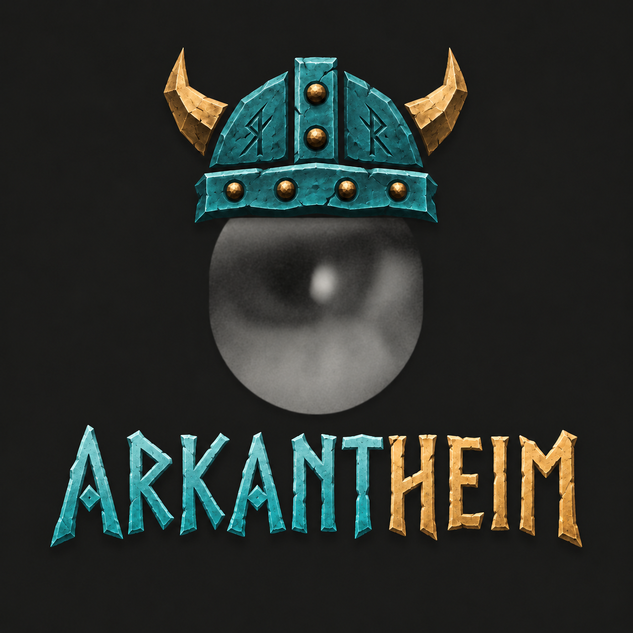 Logo original de ArkantHeim: ojo bajo un casco turquesa y dorado
